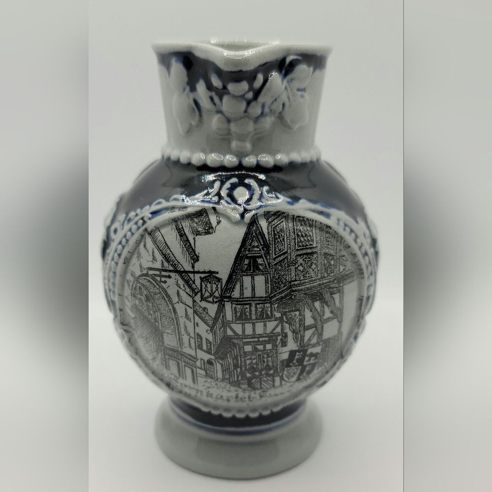 German Small Stoneware Pitcher HandCrafted HandPainted Gray and Cobalt Blue
